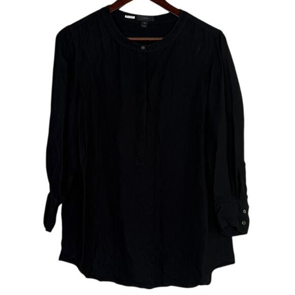 J.Crew Keyhole Puff Long Sleeve Drapey Crepe Blouse Button Closure L Black #4128 - Picture 2 of 15